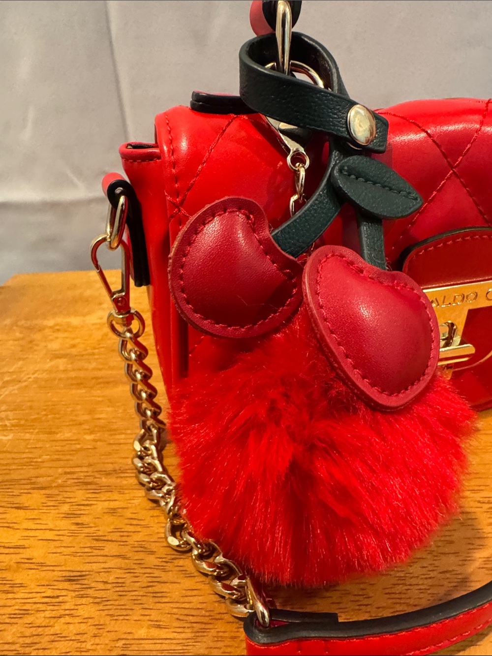 Aldo Red Quilted Mini Crossbody Top-Handle Bag with Pom and Cherry 🍒 Heart Charm - Picture 6 of 6